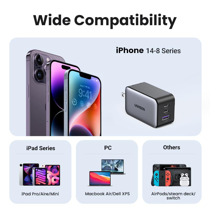 UGREEN 65W USB C Gan Charger Bundle with 3.3FT 100W USB C to USB C Cable Fast Charging, USB C to Lightning Cable Compatible with Iphone 16/15, Iphone 14, Macbook Air, Galaxy S24/S23 Foldable Plug Electronic Device--Black Friday