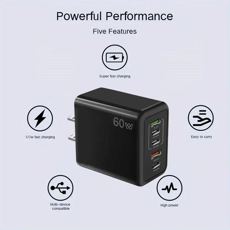 60W 3PD+2USB Ports Adapter, Multifunctional Fast Charging Adapter, Portable Charger Head, 5 Ports Fast Charger for All Phones