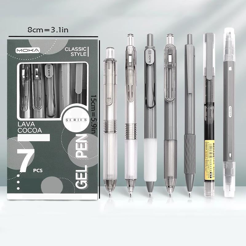 Gel Pen Set, 7 Counts/Set Including 6 Counts Quick Drying Black Ink Gel Pen & 1 Count Highlighter, Back to School Essentials, Office Stationery & Supplies