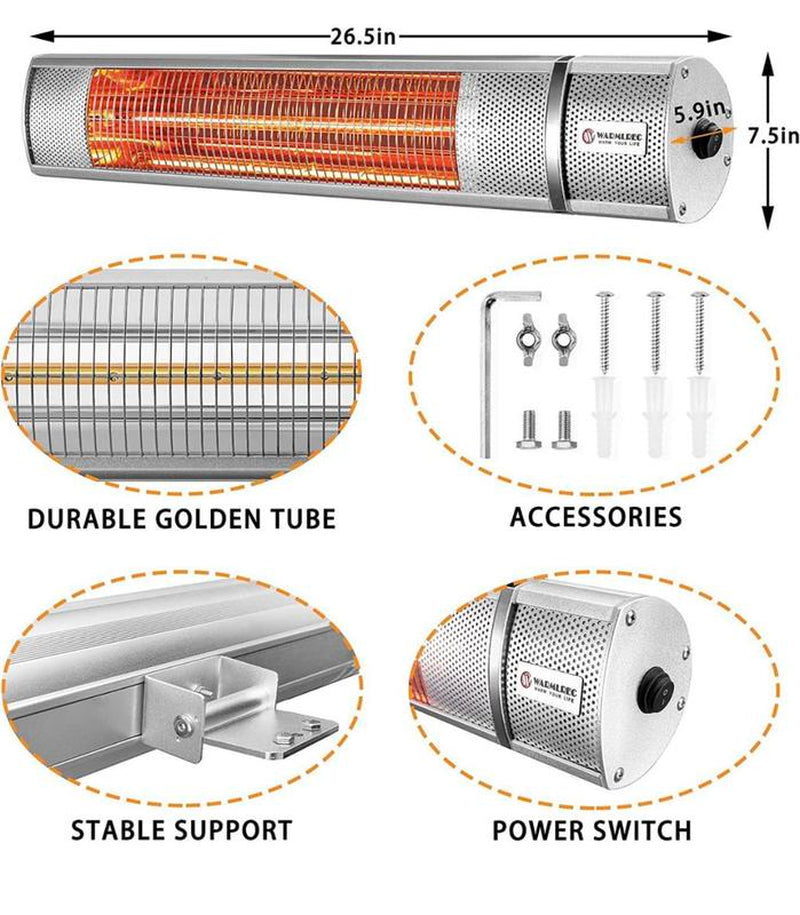 WARMLREC Infrared Electric Patio Heater Wall-Mounted Outdoor/Indoor Heater 1500W Waterproof Remote Control 3 Power Setting Patio Garage Silver