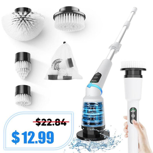 Electric Spin Scrubber, IPX7 Waterproof Cordless Cleaning Brush with 4 Replaceable Brush Heads, Adjustable Extension Handle and 3 Adjustable Speeds for Bathroom, Tub, Tile, Floor (White)
