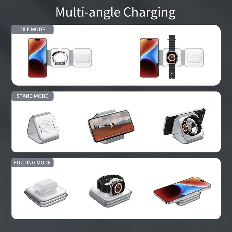 Awwpicks Magnetic Foldable 3 in 1 Wireless Charging Station, Top Speed Wireless Charger for Multple Device with Adapter, Not Suitable for Android, Compatible for Iphone 16/15/14/13/12, Airpods, Iwatch, Halloween, Easter, Christmas Gifts (Black)