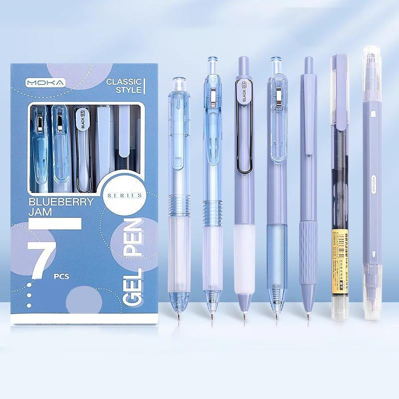 Gel Pen Set, 7 Counts/Set Including 6 Counts Quick Drying Black Ink Gel Pen & 1 Count Highlighter, Back to School Essentials, Office Stationery & Supplies