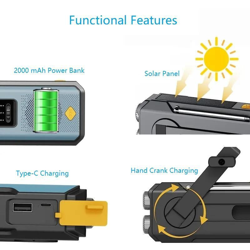 Durable Emergency Hand Crank Radio with 3Leds Flashlight for Summer Gift, AM/FM Portable Weather Radio with 2000Mah Power Bank Phone Charging & SOS Alarm, Audio Radio for Outdoor Camping