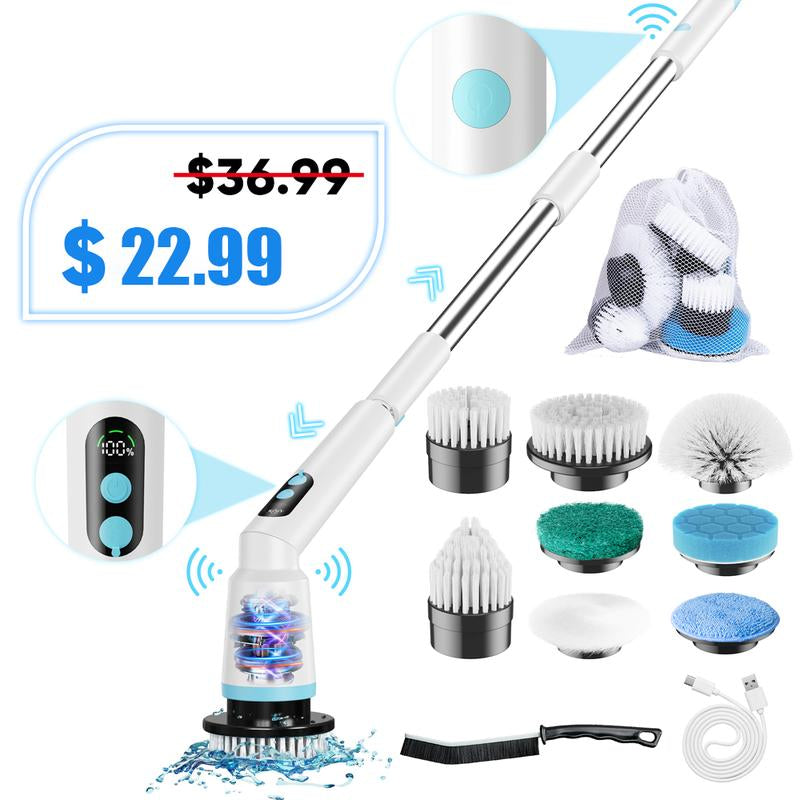 Electric Spin Scrubber, IPX7 Waterproof Cordless Cleaning Brush with 4 Replaceable Brush Heads, Adjustable Extension Handle and 3 Adjustable Speeds for Bathroom, Tub, Tile, Floor (White)
