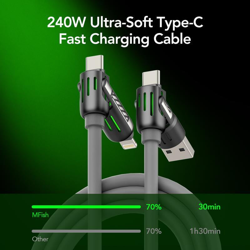 4-In-1 Multi USB Charging Cable with USB A,Type C, Lightning -MAX 240W Fast Charging & Data Sync for Iphone 16/15, Ipad Pro, Samsung & Laptops Smartphone Cellphone