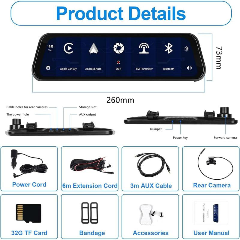 CAMECHO Wireless Carplay Mirror Dash Cam Wireless Android Auto, 9.66 Inch IPS Touchscreen Front Rear View Mirror Camera Carplay for Cars Trucks with 64G Card/Voice Control