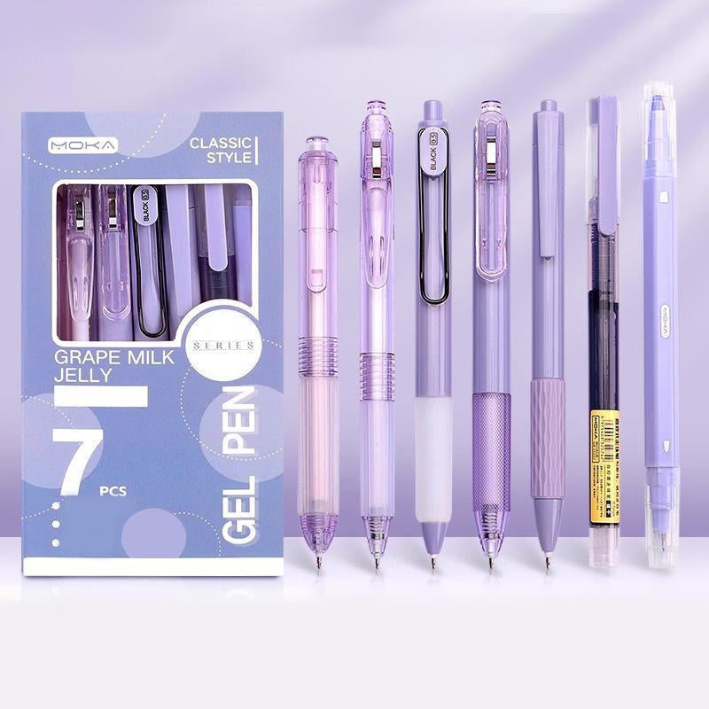 Gel Pen Set, 7 Counts/Set Including 6 Counts Quick Drying Black Ink Gel Pen & 1 Count Highlighter, Back to School Essentials, Office Stationery & Supplies