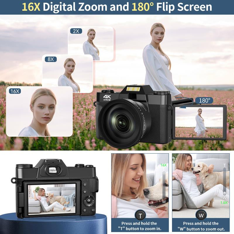 4K Digital Cameras for Photography, 56MP Affordable Vlogging Camera with Wifi, 3-Inch 180-Degree Flip Screen, 16X Digital Zoom Students Compact Camera with 52Mm Wide-Angle Lens & Macro Lens, 32G Micro SD Card, Perfect Gifts for Christmas