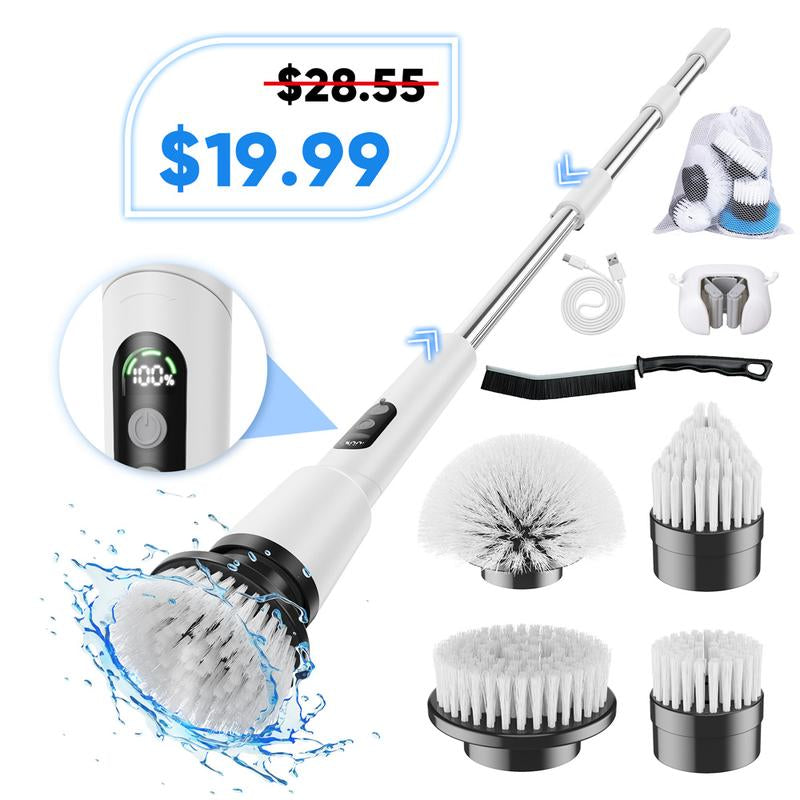 Electric Spin Scrubber, IPX7 Waterproof Cordless Cleaning Brush with 4 Replaceable Brush Heads, Adjustable Extension Handle and 3 Adjustable Speeds for Bathroom, Tub, Tile, Floor (White)