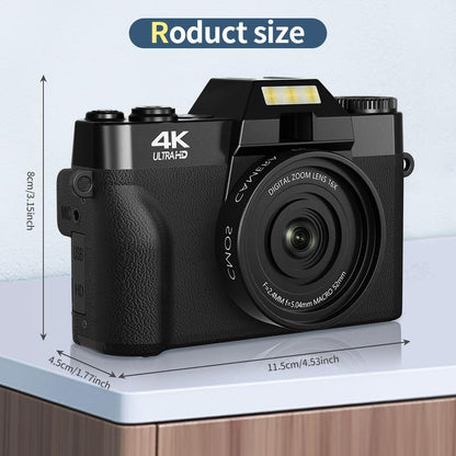4K Digital Cameras for Photography, 56MP Affordable Vlogging Camera with Wifi, 3-Inch 180-Degree Flip Screen, 16X Digital Zoom Students Compact Camera with 52Mm Wide-Angle Lens & Macro Lens, 32G Micro SD Card, Perfect Gifts for Christmas