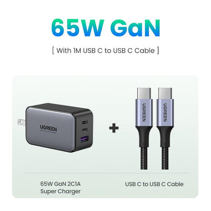 UGREEN 65W USB C Gan Charger Bundle with 3.3FT 100W USB C to USB C Cable Fast Charging, USB C to Lightning Cable Compatible with Iphone 16/15, Iphone 14, Macbook Air, Galaxy S24/S23 Foldable Plug Electronic Device--Black Friday