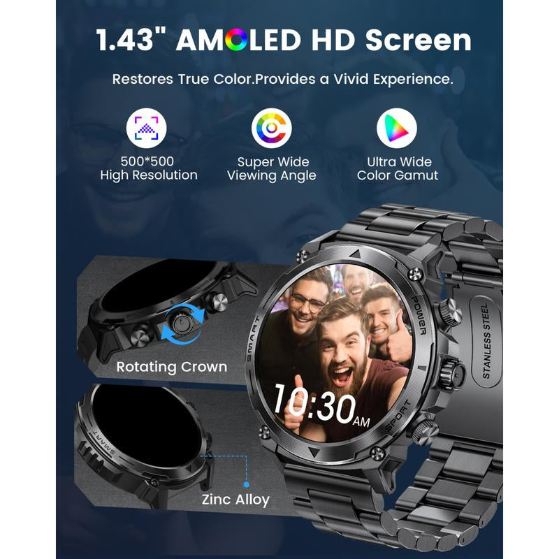 FOSMET Multifunctional Smart Watch for Men, AMOLED Display Smart Watches, Water Resistance Watch, Wearable Devices for Iphone Android Smartphone, Gift for Men