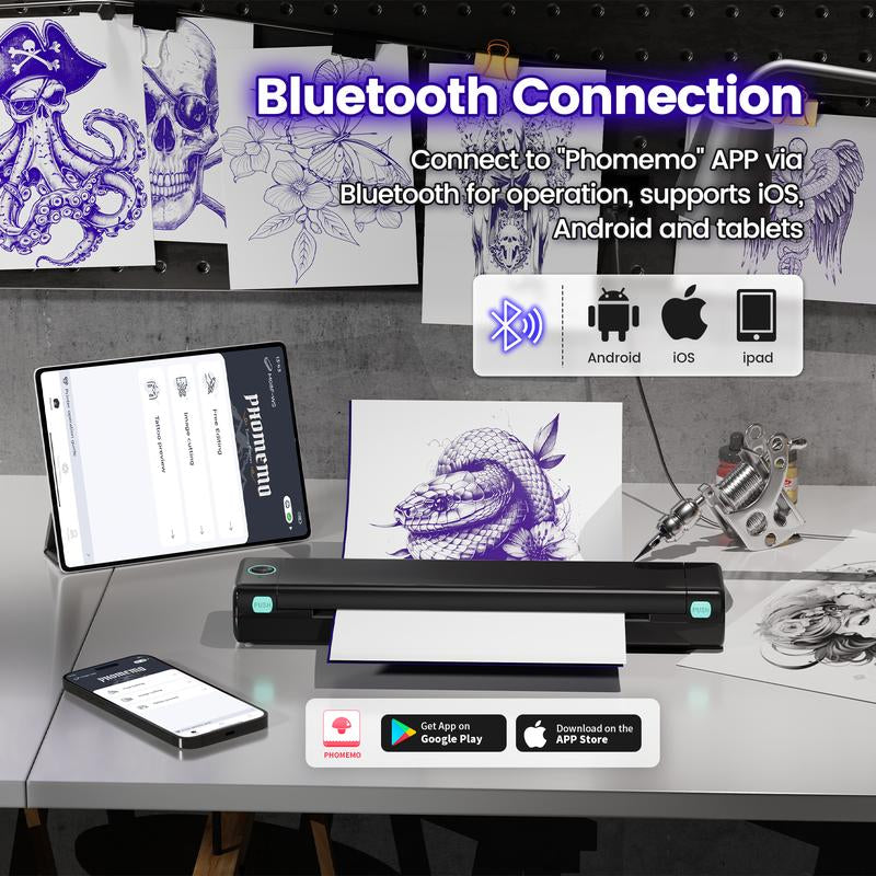 Christmas and Halloween Gift, Phomemo M08F Wireless Tattoo Transfer Stencil Printer, Thermal Copier Machine with 10Pcs Free Transfer Paper, Tattoo Printer Kit for Tattoo Artists & Beginners, Compatible with Smartphone & Pc