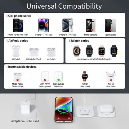 Awwpicks Magnetic Foldable 3 in 1 Wireless Charging Station, Top Speed Wireless Charger for Multple Device with Adapter, Not Suitable for Android, Compatible for Iphone 16/15/14/13/12, Airpods, Iwatch, Halloween, Easter, Christmas Gifts (Black)