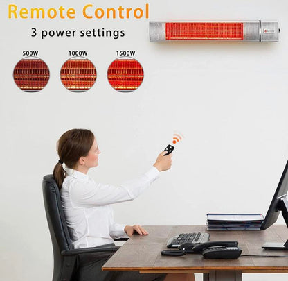 WARMLREC Infrared Electric Patio Heater Wall-Mounted Outdoor/Indoor Heater 1500W Waterproof Remote Control 3 Power Setting Patio Garage Silver