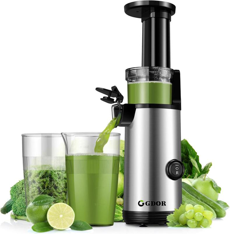 GDOR Compact Masticating Juicer with 60NM DC Motor, Cold Press Juicer Machines for High Nutrient Fruits & Vegetables, Slow Juicer with Low Noise, 20 Oz Juice Cup, Easy to Clean with Brush, Bpa-Free,Silver