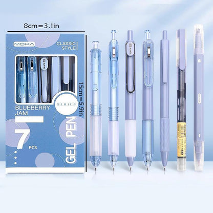 Gel Pen Set, 7 Counts/Set Including 6 Counts Quick Drying Black Ink Gel Pen & 1 Count Highlighter, Back to School Essentials, Office Stationery & Supplies