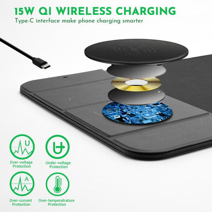 Wireless Charging Mouse Pad 15W Fast Charging with Foldable Phone Holder Gaming Mouse Pad Extra Large Mousepad Base Computer Keyboard Mat for Macbook, PC, Laptop