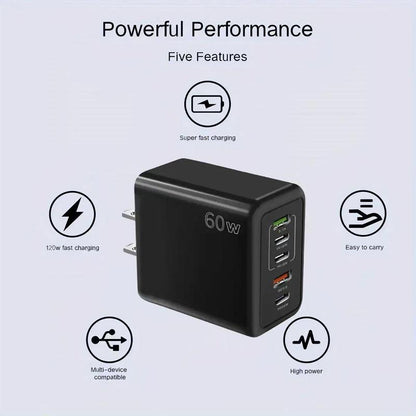 60W 3PD+2USB Ports Adapter, Multifunctional Fast Charging Adapter, Portable Charger Head, 5 Ports Fast Charger for All Phones