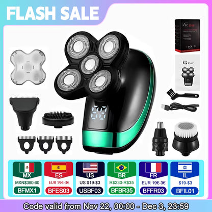 5 in 1 4D Men'S Rechargeable Bald Head Electric Shaver 5 Floating Heads Beard Nose Ear Hair Trimmer Razor Clipper Facial Brush