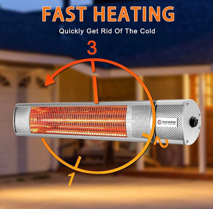 WARMLREC Infrared Electric Patio Heater Wall-Mounted Outdoor/Indoor Heater 1500W Waterproof Remote Control 3 Power Setting Patio Garage Silver