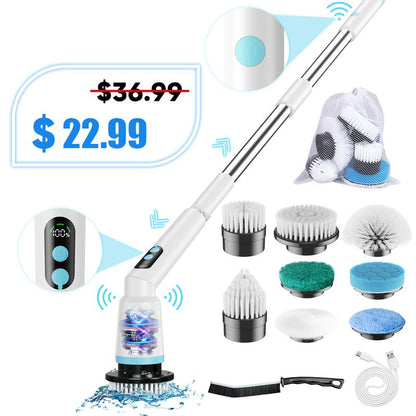 Electric Spin Scrubber, IPX7 Waterproof Cordless Cleaning Brush with 4 Replaceable Brush Heads, Adjustable Extension Handle and 3 Adjustable Speeds for Bathroom, Tub, Tile, Floor (White)